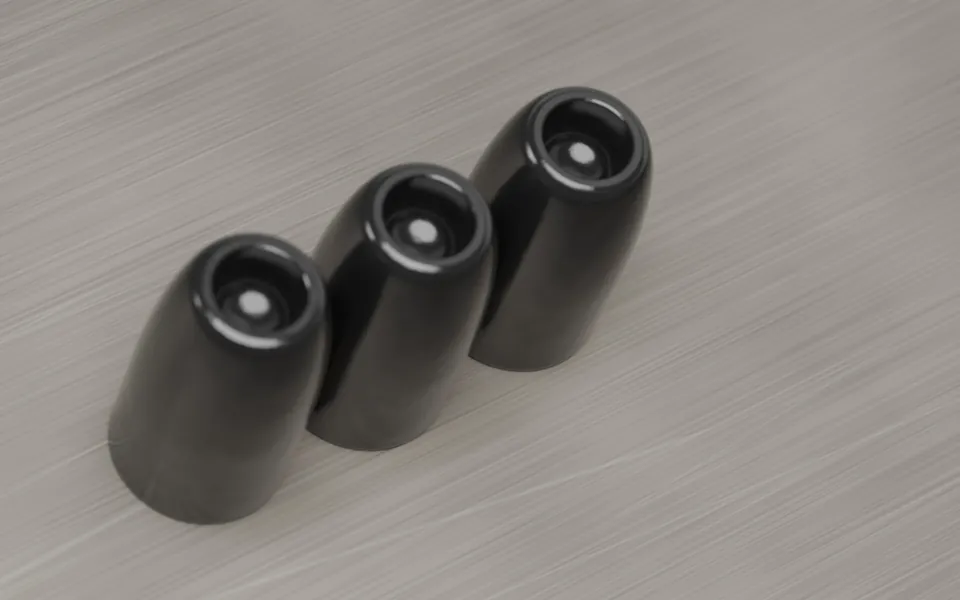 Three hollow-point slugs side by side, like a 3-weight test pack (3D render)